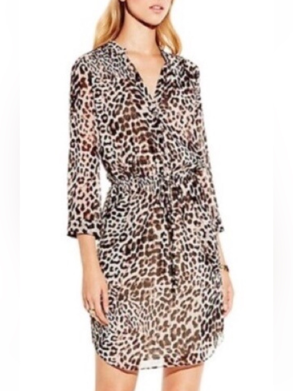Vince Camuto Leopard Print 3/4 Sleeve Drawstring Shirtdress size 2